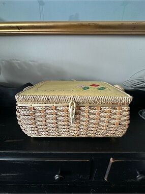 Handwoven Seagrass Storage Basket with Pale Yellow Embroidered Lid